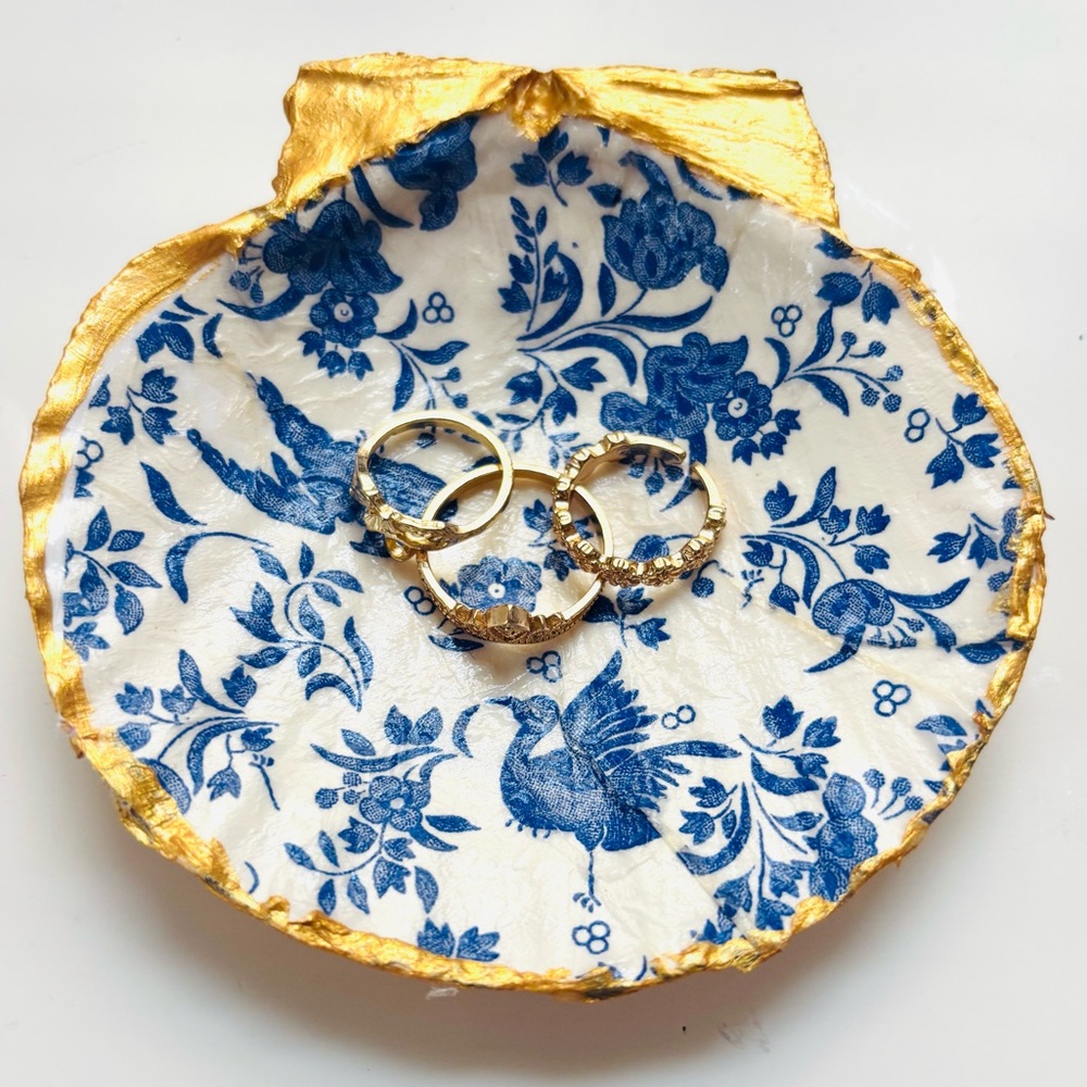 Handcrafted Scallop Shell Trinket Dish Floral Blue Peacock Decoupage Design